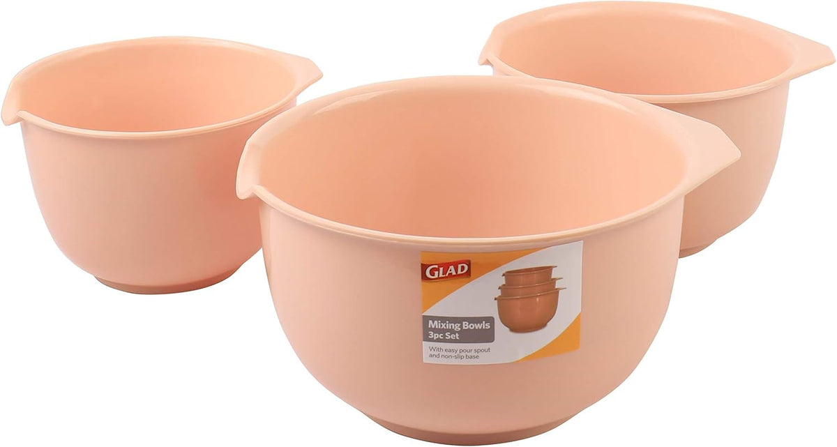 GLAD Mixing Bowls with Pour Spout| Nesting Design Saves Space | Non-Slip, BPA Free, Dishwasher Safe Plastic | Kitchen Cooking and Baking Supplies, Blush, 3 piece set