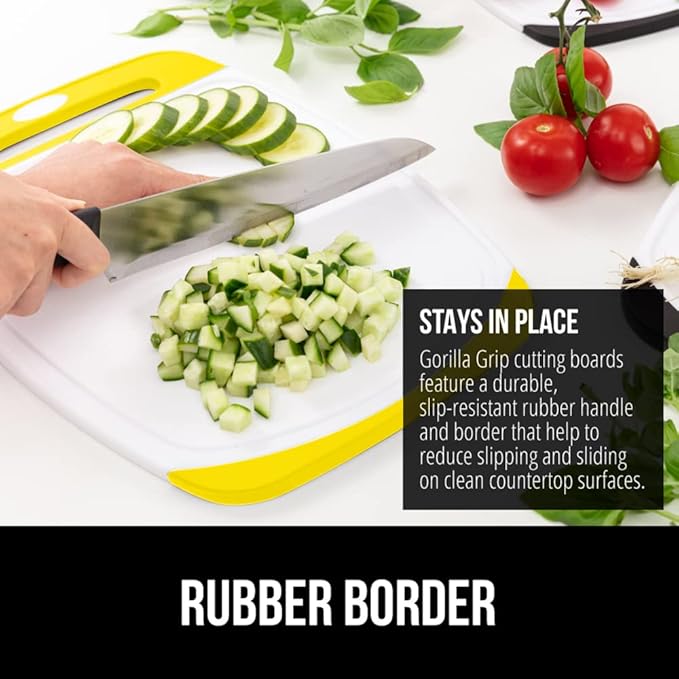 GORILLA GRIP BPA-Free Reversible Kitchen Cutting Board Set of 3, US Designed, Nonporous, Juice Grooves Catch Liquid, Slip Resistant Border, Dishwasher Safe, Durable Large Food Chopping Boards, Yellow