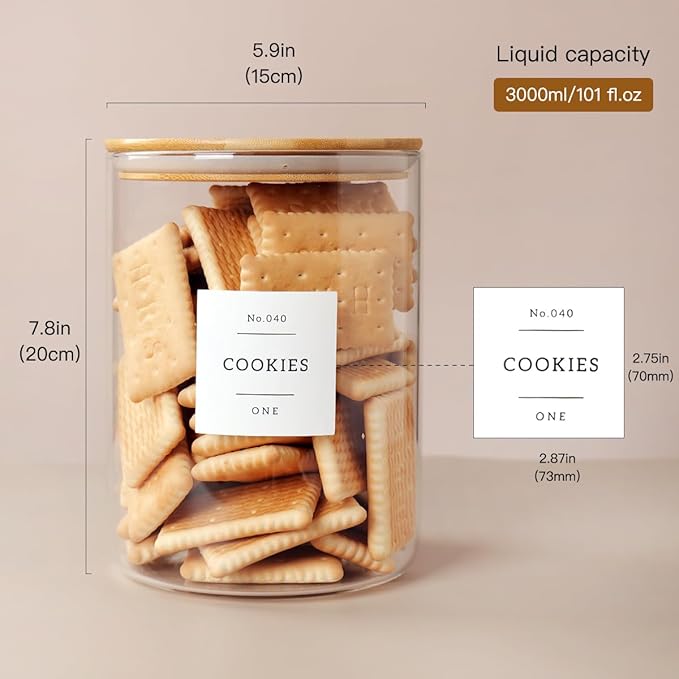 CZZGSM Set of 2 Large Glass Flour and Sugar Containers - 100 Fl oz Thicken Glass Storage Jars with Airtight Bamboo Lid and 132 Kitchen Pantry Labels - Big Clear Rice Containers Farmhouse