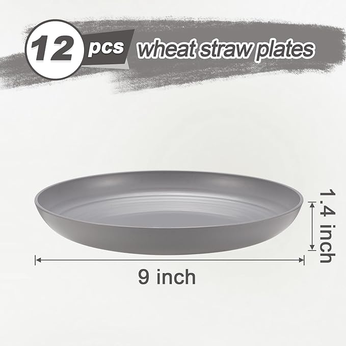12 Pcs Unbreakable Deep Dinner Plates Set, 9 inch Reusable Plastic Wheat Straw Plates, Microwave and Dishwasher Safe Plate for Kitchen, Lightweight Plate for Dessert, BPA Free, Light Gray
