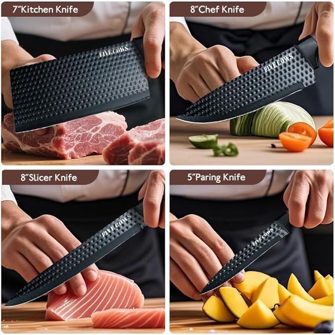 6 Pcs Kitchen Knife Block Set German High Carbon Stainless Steel Chef Knives, Razor-Sharp & Durable, Lightweight Anti-Slip Handle, Professional Set for Home & Kitchen (Brown 6 Piece)