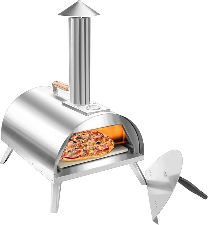 12" Wood Pellet Pizza Oven – Portable Stainless Steel Outdoor Pizza Maker with Built-In Thermometer, Foldable Legs, Carry Handle & Cordierite Pizza Stone for Backyard, Patio & Camping