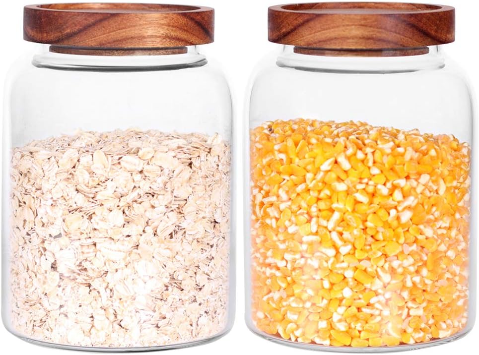 Glass Storage Jars with Airtight Lids, Set of 2 42 FL OZ (1250ml) coffee container with Wooden Lid, Glass Pantry Canister for Beans, Rice, Sugar and etc (6.3 inch high)