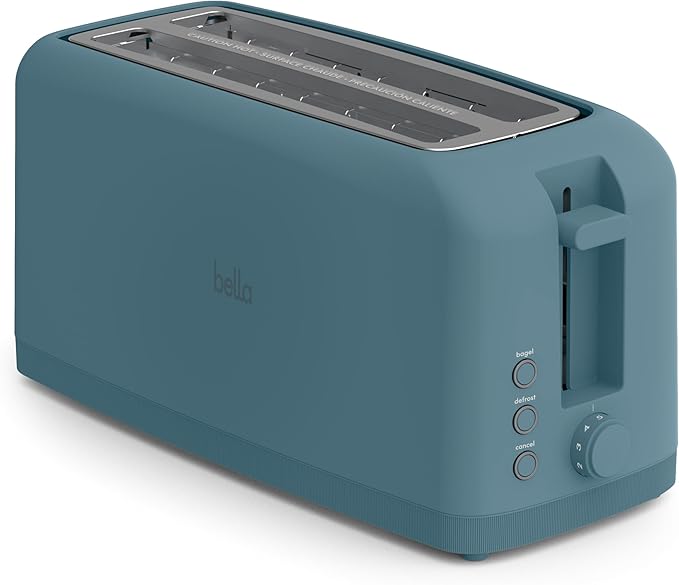 bella 4 Slice Slim Toaster, Fits-anywhere Kitchenware, 6 Setting Shade Control with Reheat & Cancel Buttons, Fits Sourdough, 10” Long Slot, Anti Jam & Auto Shutoff, 900 Watt, Surf