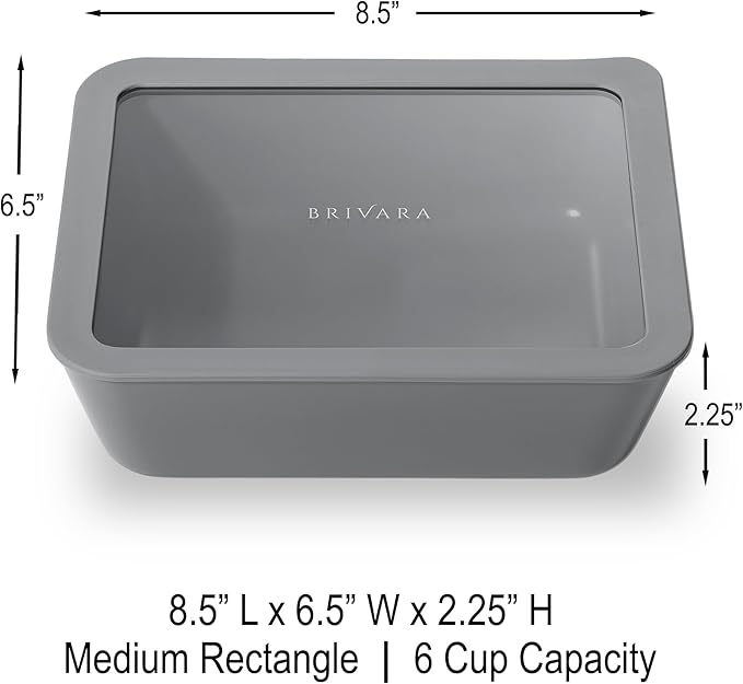 Ceramic Coated Glass Food Storage Container | No PTFE, PFOA, PFAS, and BPA | Reusable Non Toxic Meal Prep Container with Glass Lid | Easy To Store | 6 Cup Rectangle [Smoke]