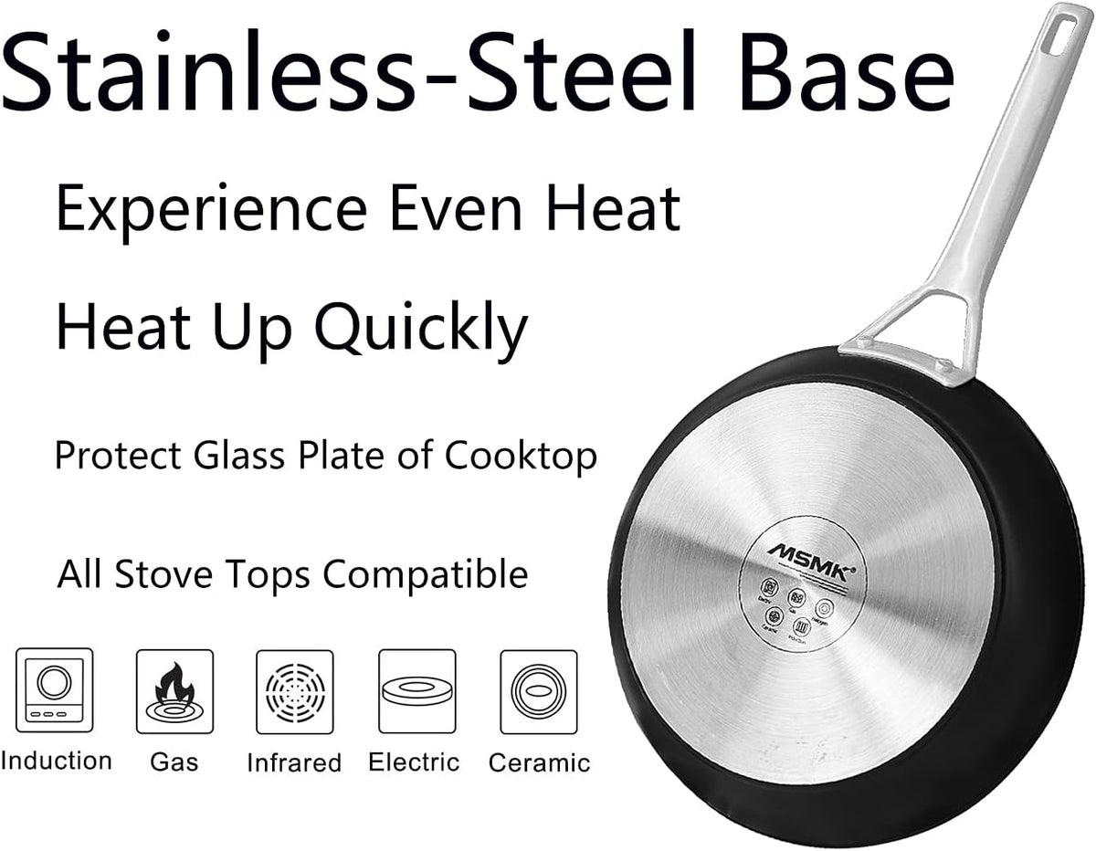 MsMk Small Frying pan, 8-inch Nonstick Durable Egg Omelet Skillet with Stay-Cool Handle, Limestone Non Stick Coating From GRE, 4mm Stainless Steel Base Induction, Oven Safe, Dishwasher Safe