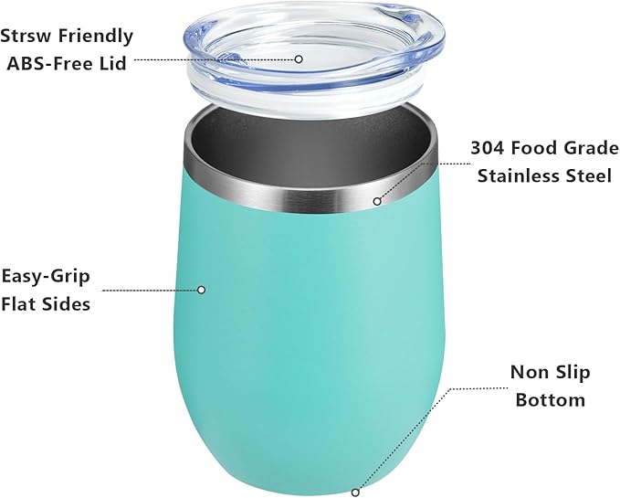 MEWAY Stemless 12 OZ Wine Tumbler Glasses with Lid -Insulated Double Wall Vacuum Stainless Steel Travel Tumbler with Straw,for Woman Under 10 dollars (Light Green,1)