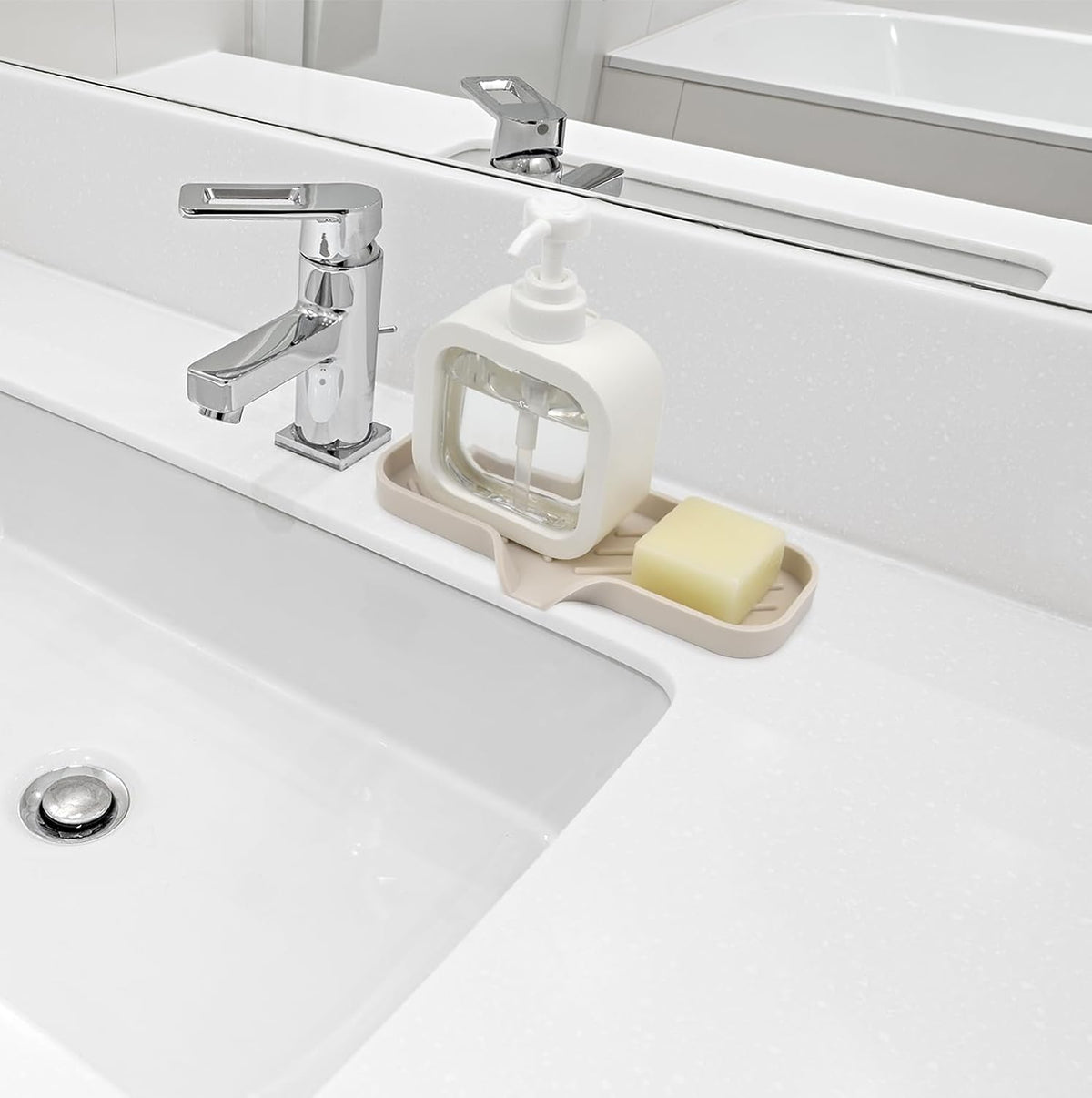 YASMEN Silicone Bathroom Soap Dishes, Sink Sponge Holder for Kitchen, Rubber Soap Dish with Drain, Shower Soap Sponge Tray, Sink or Counter Organizer, for Bar Soap, Bottle, Dish Soap Dispenser-Tapioca