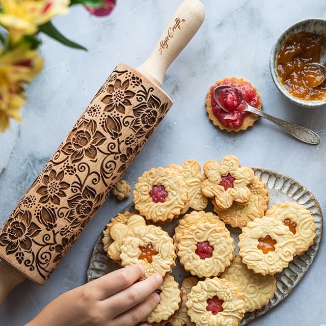 LOTUS embossing rolling pin with Lotus flower Pattern. Dough roller for embossed cookies and Pottery by Algis Crafts