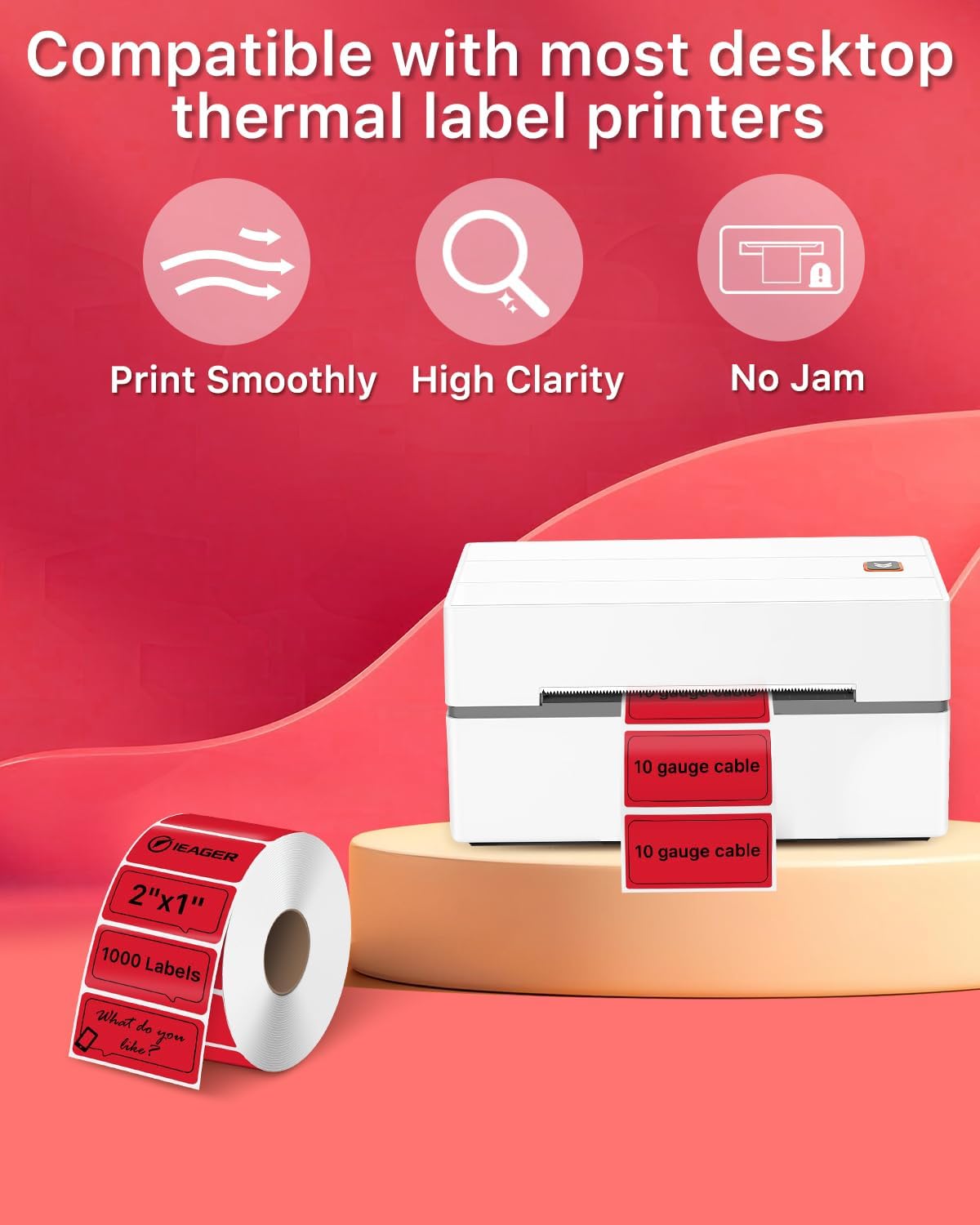 iEager 2x1 Inch Thermal Labels, Red Rectangle Thermal Printer Stickers, Durable Shipping Label Printer Sticker for Barcode, Name, Address, 1000 Labels/Roll