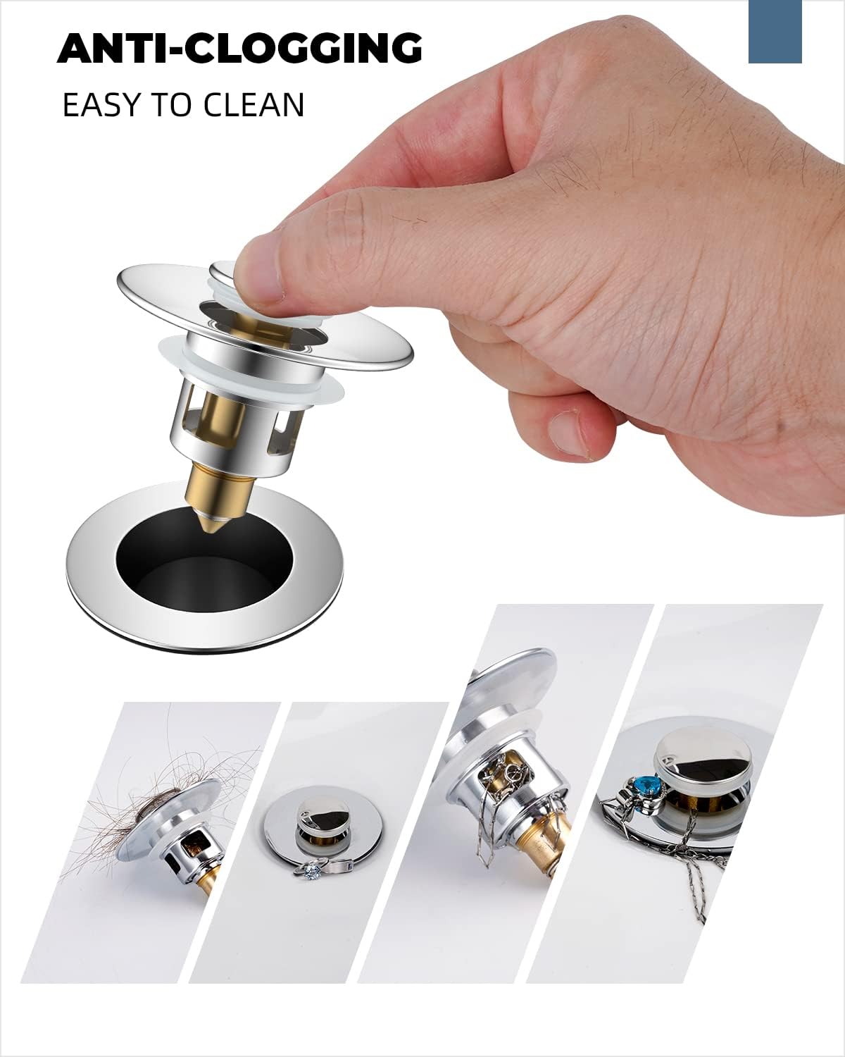 Hibbent 2 Pack All Metal Universal Bathroom Sink Stopper for 1.1''~2.3'' Basin, Pop Up Sink Drain Strainer, Brass Bullet Core Push Type Stopper, Stainless Steel Anti Clogging Drain Filter, Chrome