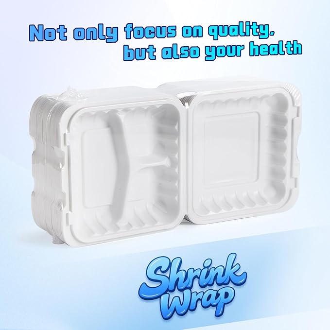 YANGRUI Food Containers 8 Inch 34 oz 55 Pack - Shrink Sealed & Stackable | BPA Free Mineral Filled PP Plastic | Heavy Duty Freezer & Microwave Safe | Restaurant Grade 3 Section White Lunch Boxes
