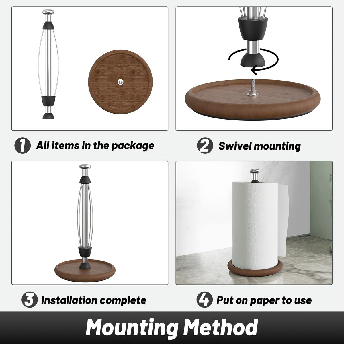VEHHE Wooden Paper Towel Holder Countertop with Weighted Base, One-Handed Tear Paper Towel Holder Stand with Damping Function and EVA Non-Slip Pad, for Kitchen Bathroom Farmhouse