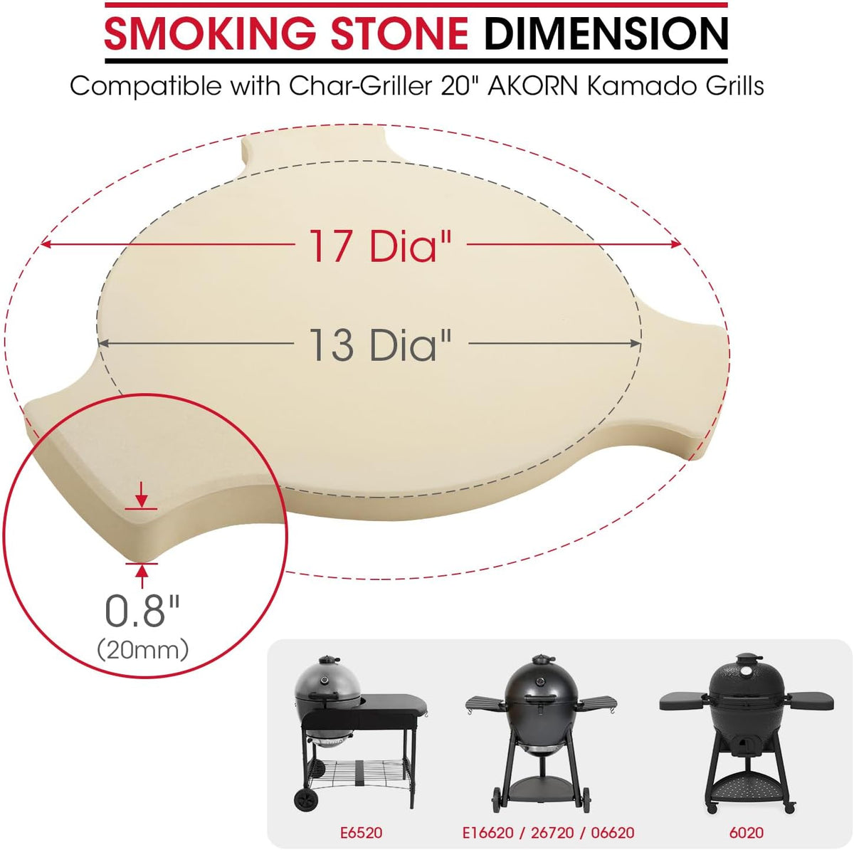 Unicook 17 Inch Smoking Stone for Akorn Kamado Grill, Cordierite Heat Deflector Pizza Stone for Charcoal Smoker, Thermal Shock Resistant Heat Diffuser Plate, Compare to Char-Griller 6201