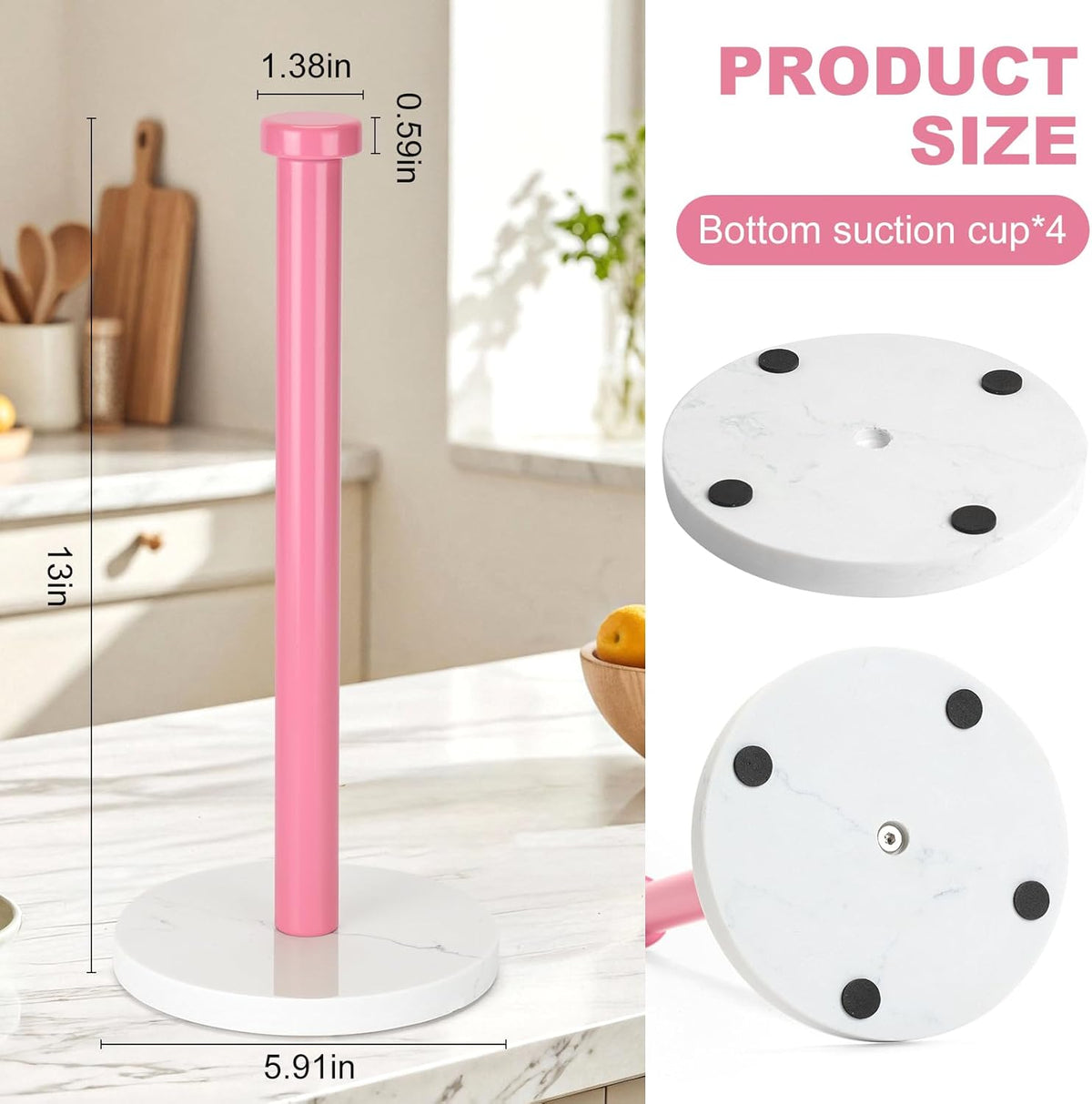 Standing Paper Towel Holder, Kitchen Paper Towel Roll Holder- for Bathroom Kitchen Countertop with Weighted Marble Base for One-Handed Operation (Pink), Pink Paper Towel Holder