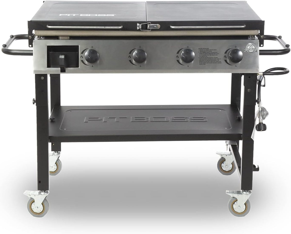 Pit Boss PB757GD Four Burner LP Fold Over Side Shelves 36" Gas Flat Top Griddle with Fitted Cover, 4 Deluxe, BLACK