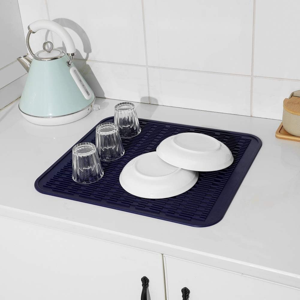 Silicone Dish Drying Mat for Multiple Usage,Easy clean,Eco-friendly,Heat-resistant Silicone Mat for Kitchen Counter or Sink,Refrigerator or Drawer Liner Navy Blue XL 18 inches x 16 inches