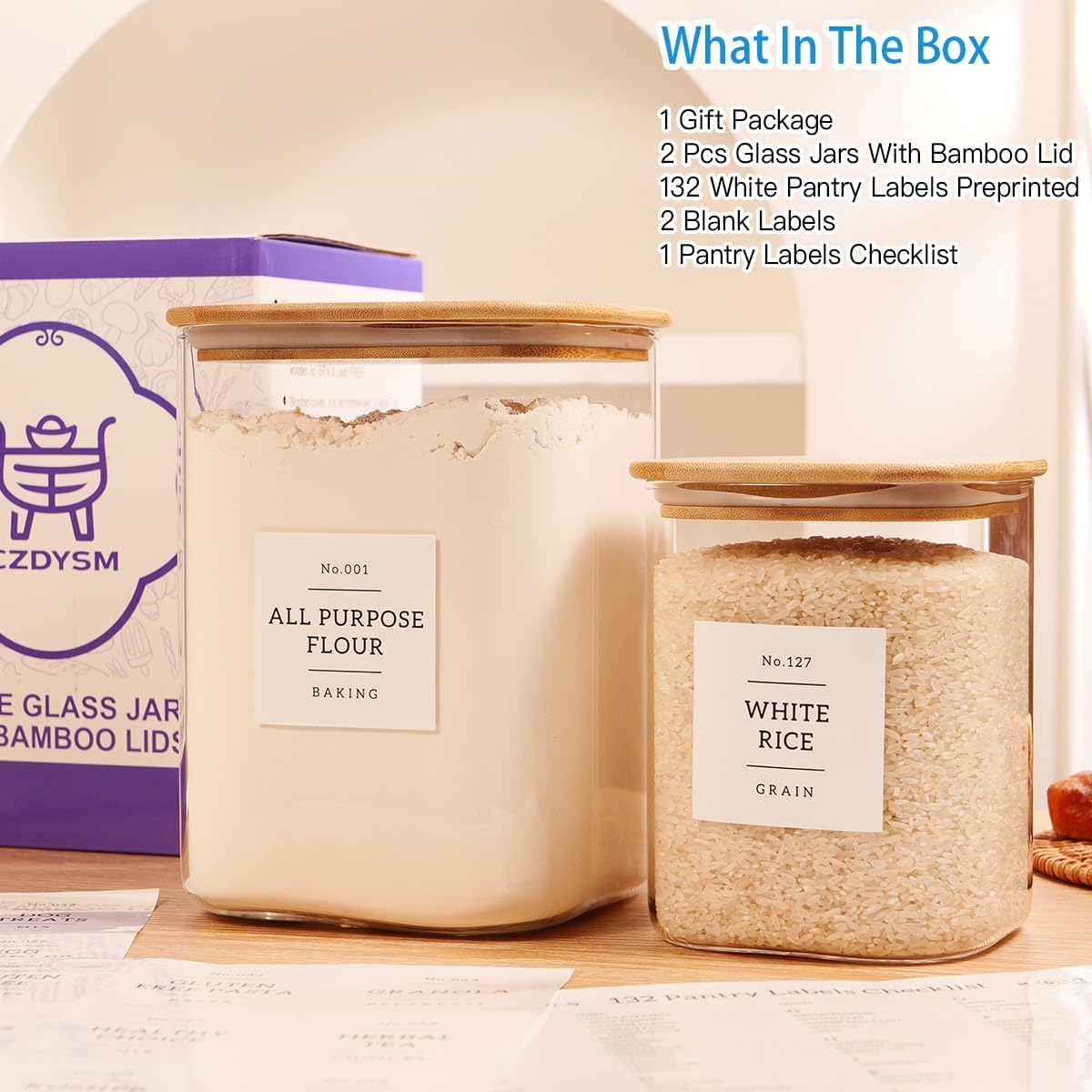2 Pack large Square Glass Flour and Sugar Containers with 132 Kitchen Pantry Labels - 110 floz & 51 floz - Glass Jars with Airtight Bamboo Lid - Glass Rice Canisters for Coffee, Pasta, Cookie, Cereal