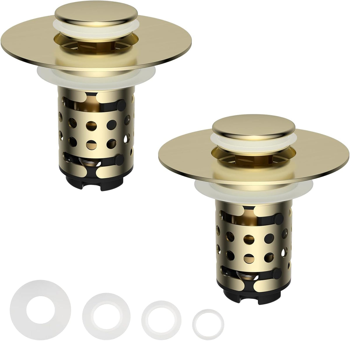 Universal Bathroom Sink Stopper Hair Catcher Upgraded with 2-Layer Detachable Filter Basket, 4 in 1 Pop Up Drain Strainer, Anti-Clog, Odor-Block, Fit for 1.1''~2.36'' Sinks, 2PCS, Brushed Gold