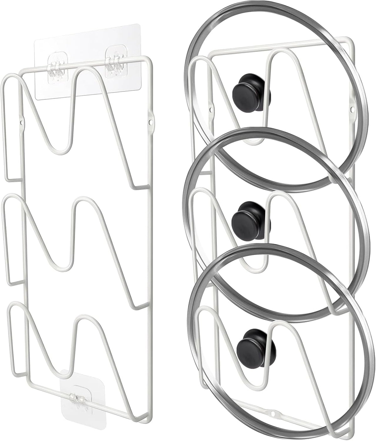 2 Pack Pot-Lid-Organizer, 6-Tier Pots and Pans Lid-Organizer for Cabinet Door/Wall, No Drilling Adhesive Wall/Door Mounted Rustproof Pot-Lid-Holder for Kitchen Organization - White