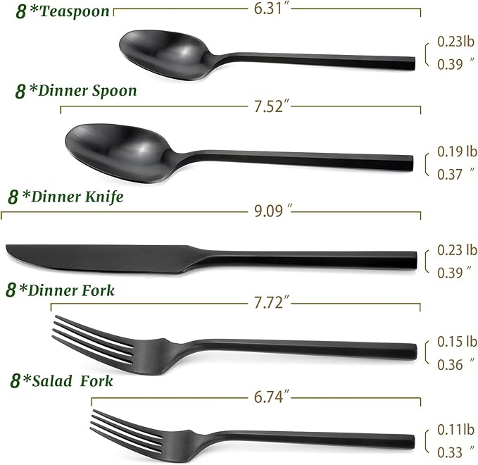 DEACORY Silverware Set with Serving Utensil Set Matte Black Flatware Set Hand Forged Stainless Steel Cutlery Set 45 Pieces Matte Finished Hexagon Handle Service for 8