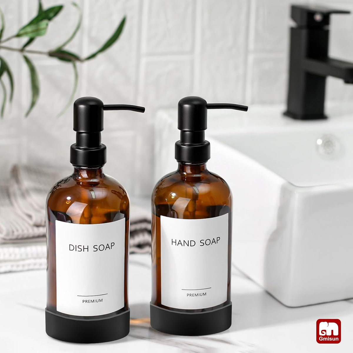 GMISUN Amber Glass Soap Dispenser with Silicone Sleeve Boot, 2 Pack Bathroom Hand Soap Dispensers with Pump, 17 Fl Oz Kitchen Hand and Dish Soap Dispenser Set, Liquid Soap Dispensers Bottle