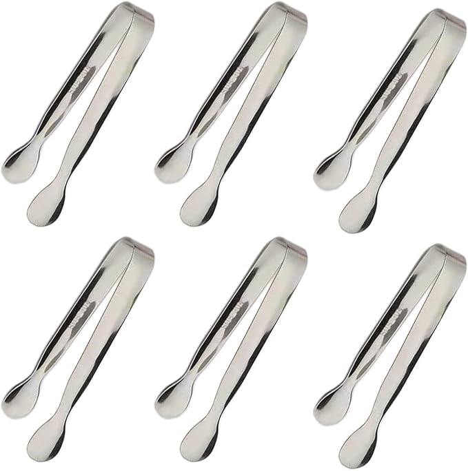 6PCS Ice Tongs Mini Sugar Tongs 4.25Inch Stainless Steel Small Serving Tong, Tiny Kitchen Tong for Appetizers,Tea Party, Coffee Bar, Desserts by Sunenlyst (Silver)
