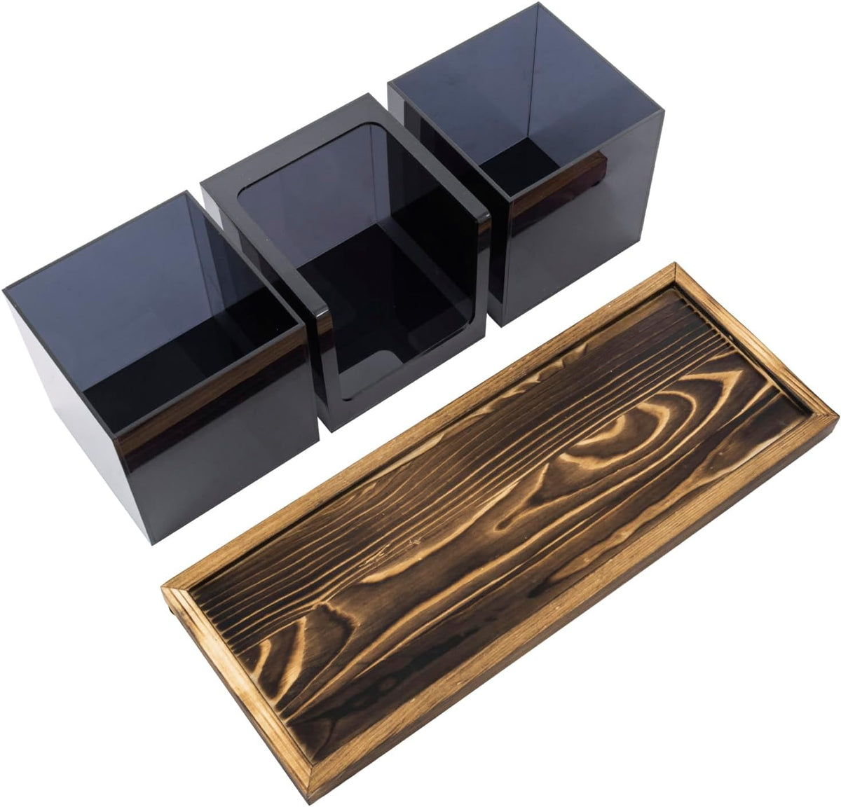 MyGift Modern Acrylic Coffee and Tea Station Organizer with 3 Removable Premium Translucent Black Acrylic Compartments and Rustic Burnt Solid Wood Decorative Tray, 4 Piece Set