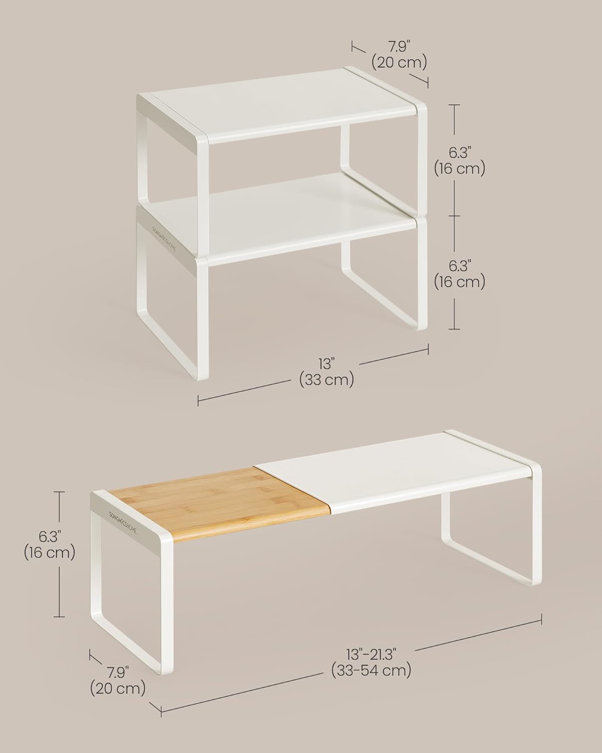 SONGMICS HOME Spice Racks, Expandable Cupboard Shelf Orgnizers, Kitchen Counter Shelves, Bamboo and Metal, Space-Saving Shelving, Stackable, Light Bamboo and Cream White UKCS051N01