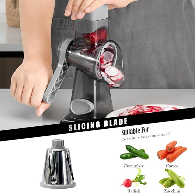 Cheese Grater Hand Crank Rotating Cheese Shredder Stainless Steel Vegetable Slicer Grater for Kitchen 3 Blades for Cheese, Carrot, Cucumber, Nuts, Chocolate, Dark Grey