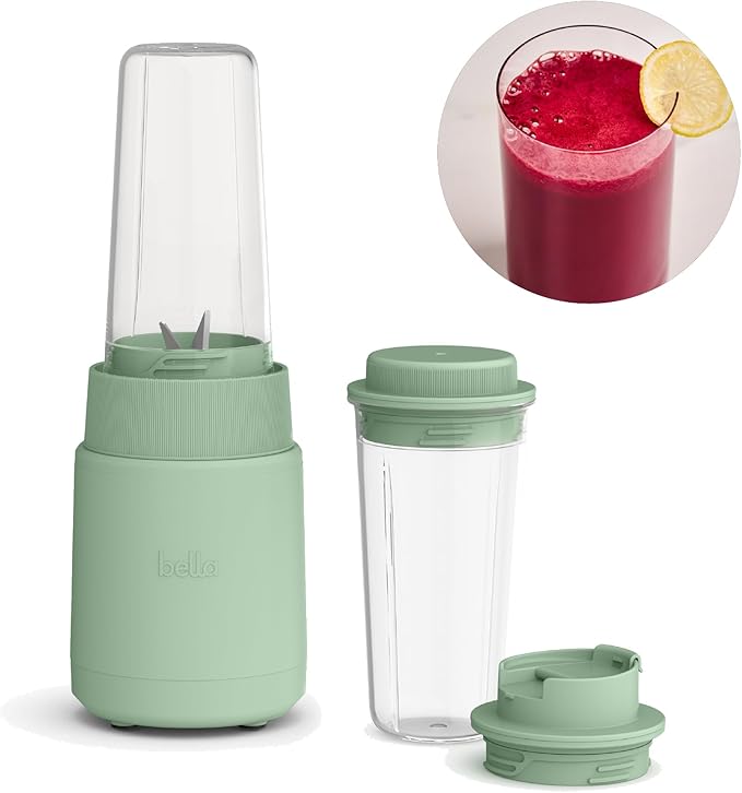 bella 6 Pcs Portable Rocket Blender, Juicer & Smoothie Maker, Press & Twist Design, EverGood™ & BPA Free Dishwasher Safe Parts, 4 Tip Stainless Steel Blade, Cord Wrap, 240 Watt Motor, Seaglass