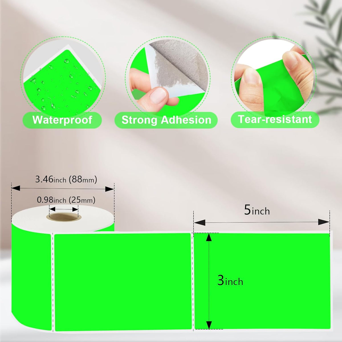 3 X 5 Inch Printable Waterproof Rectangle Color Coding Labels, 300 Per Roll Adhesive Color Coding Stickers for Bar-Codes, Address, Small Business Labeling, Inventory, Fluorescent Green