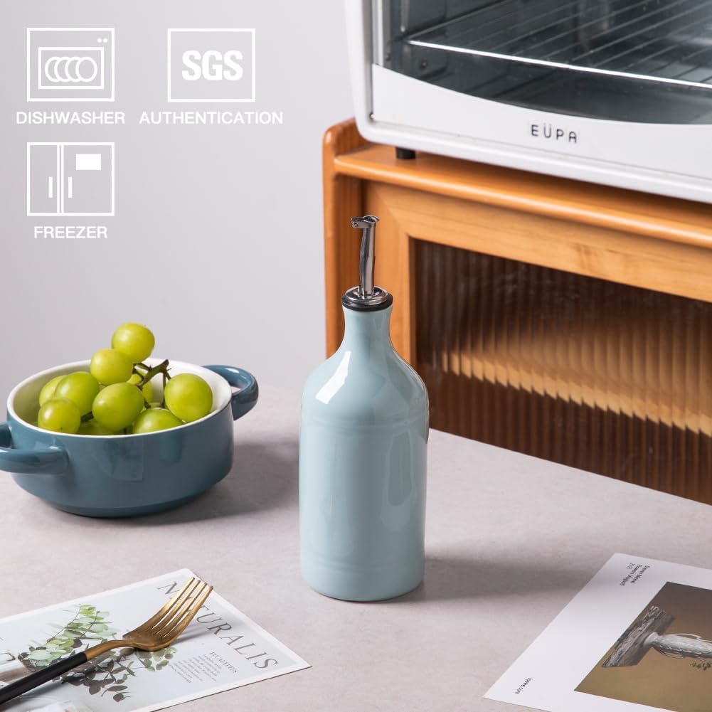 Sweejar Ceramic Olive Oil Dispenser Bottle, Opaque Oil Cruet Protects Oil to Reduce Oxidation, Suitable for Storage Oil, Vinegar, Coffee Syrups & Other Liquids, Pack of 1, 15.5 Fl Oz (Light Blue)