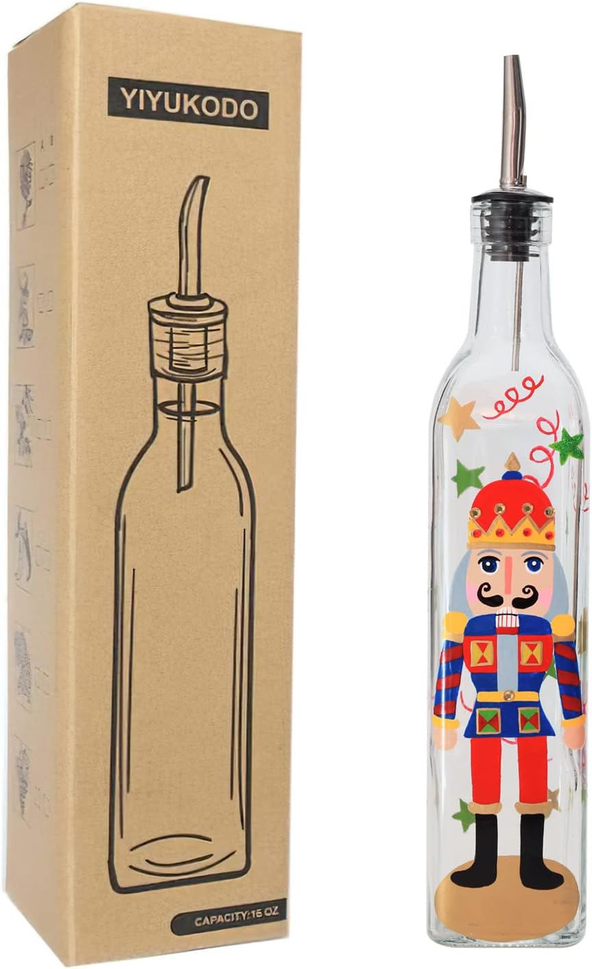 17oz Hand Painted Glass Olive Oil Bottle - 500ml Green Oil & Vinegar Cruet with Pourers and Funnel - Olive Oil Carafe Decanter for Kitchen (The Nutcracker)