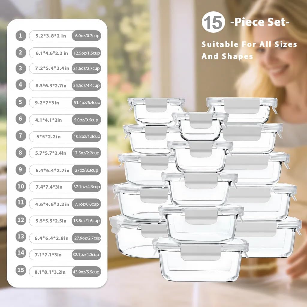 GENICOOK 30 Pieces Glass Food Storage Containers with Snap Locking Lids,Glass Meal Prep Containers Set - Airtight Lunch Containers, Microwave, Oven, Freezer and Dishwasher White