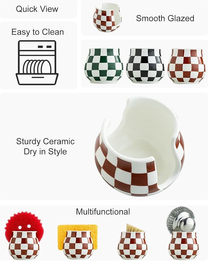 Checkered Sponge Holder for Kitchen Sink Counter, Ceramic Dish Sponge Caddy White Sink Organizer Dish Rack Farmhouse Brush Holder for Bathroom, Brown and White