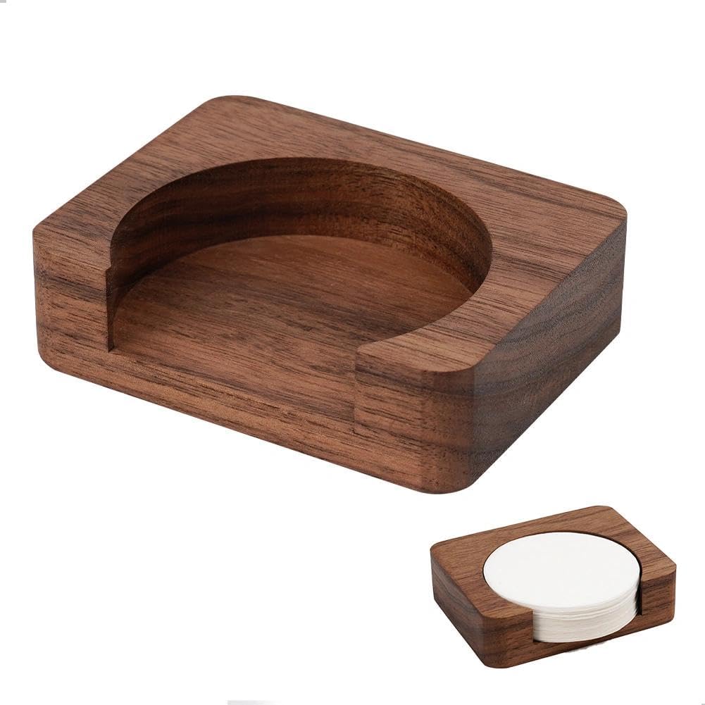 watchget Espresso Paper Filter Holder Coffee Filter Storage Container Coffee Filter Dispenser Compatible with 51mm/53mm/54mm/58mm Round Disposable Puck Screen Paper Filters, Wood