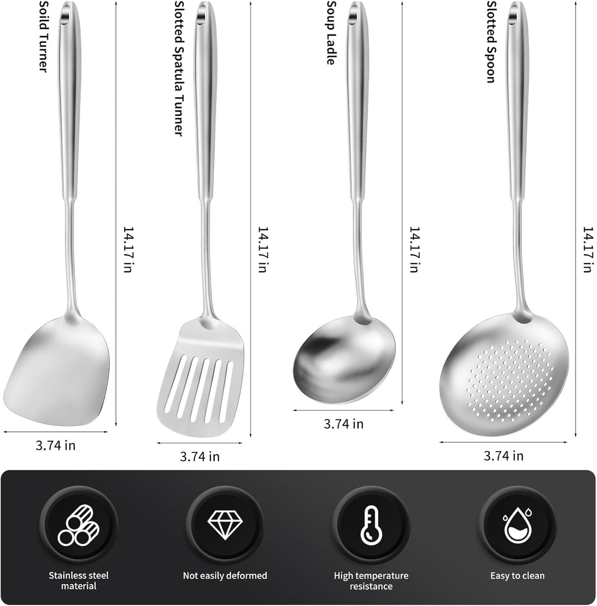 15" Wok Spatula and Ladle,Skimmer Spoon, Slotted Turner Spatula,304 Stainlss Steel Matte Kitchen Utensils Set,4PCS Wok Accessories,Cooking Utensils Tools