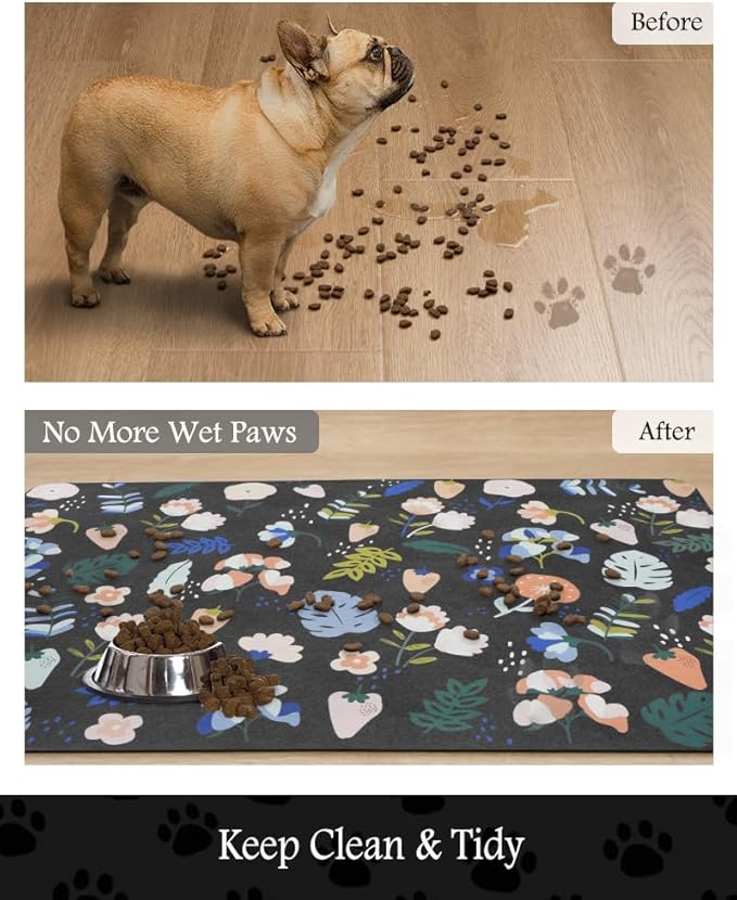 Pet Feeding Mat-Absorbent Dog Mat for Food and Water Bowl-No Stains Quick Dry Water Dispenser Mat-Dog Accessories Pet Supplies-Bowl for Messy Drinkers（DARKFLOWERS,16"x24"