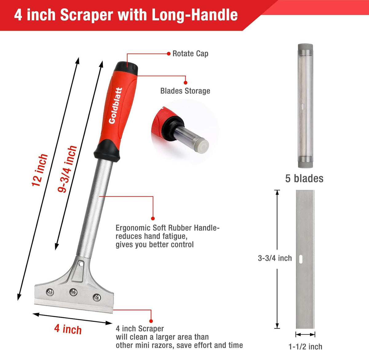 Goldblatt 2 Pieces Glass Scraper Set with 20-piece Blades - 4 Inch Industrial Floor Scraper Tool with Long-Handle, Heavy Duty Razor Holder for Cleaning Caulk, Paint, Glue on Glass, Tiles, Walls