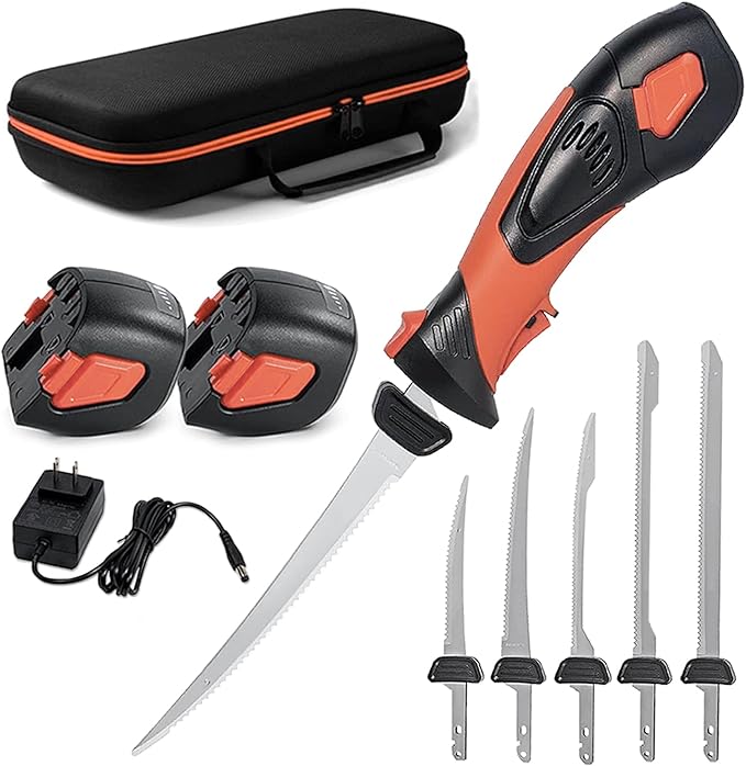 Cordless Electric Fillet Knife - 5 Ti-Nitride Coated Non-Stick Blades, Ergonomic Non-Slip Grip Handle & Cooling Vent Stylish with Carry Bag ,Perfect Electric Knife for Effortless Fishing (Orange)