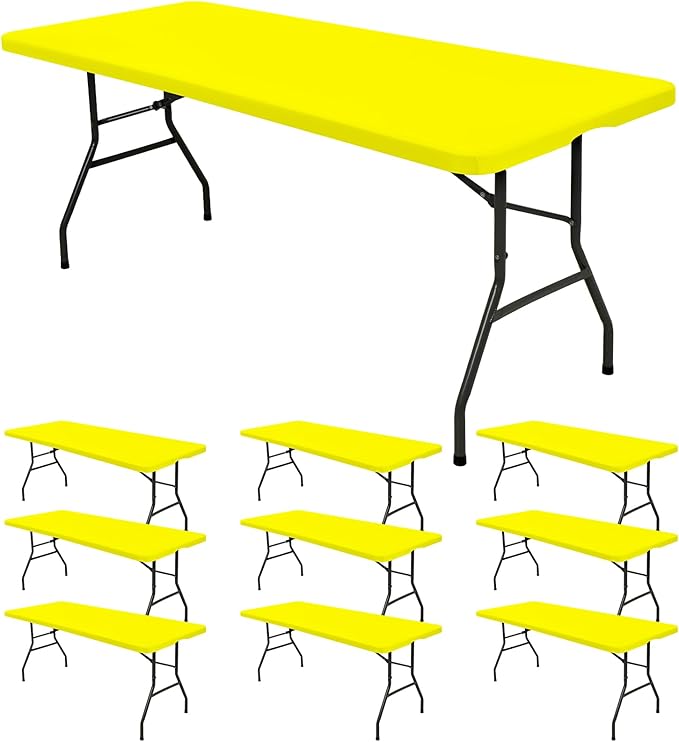 10 Pack Fitted Tablecloth for 6 Foot Rectangle Tables, Yellow Elastic Outdoor Picnic Table Cover, Washable Stretch Folding Table Cloths 6 ft for Camping Party Patio Kitchen Banquet, 30" W x 72" L