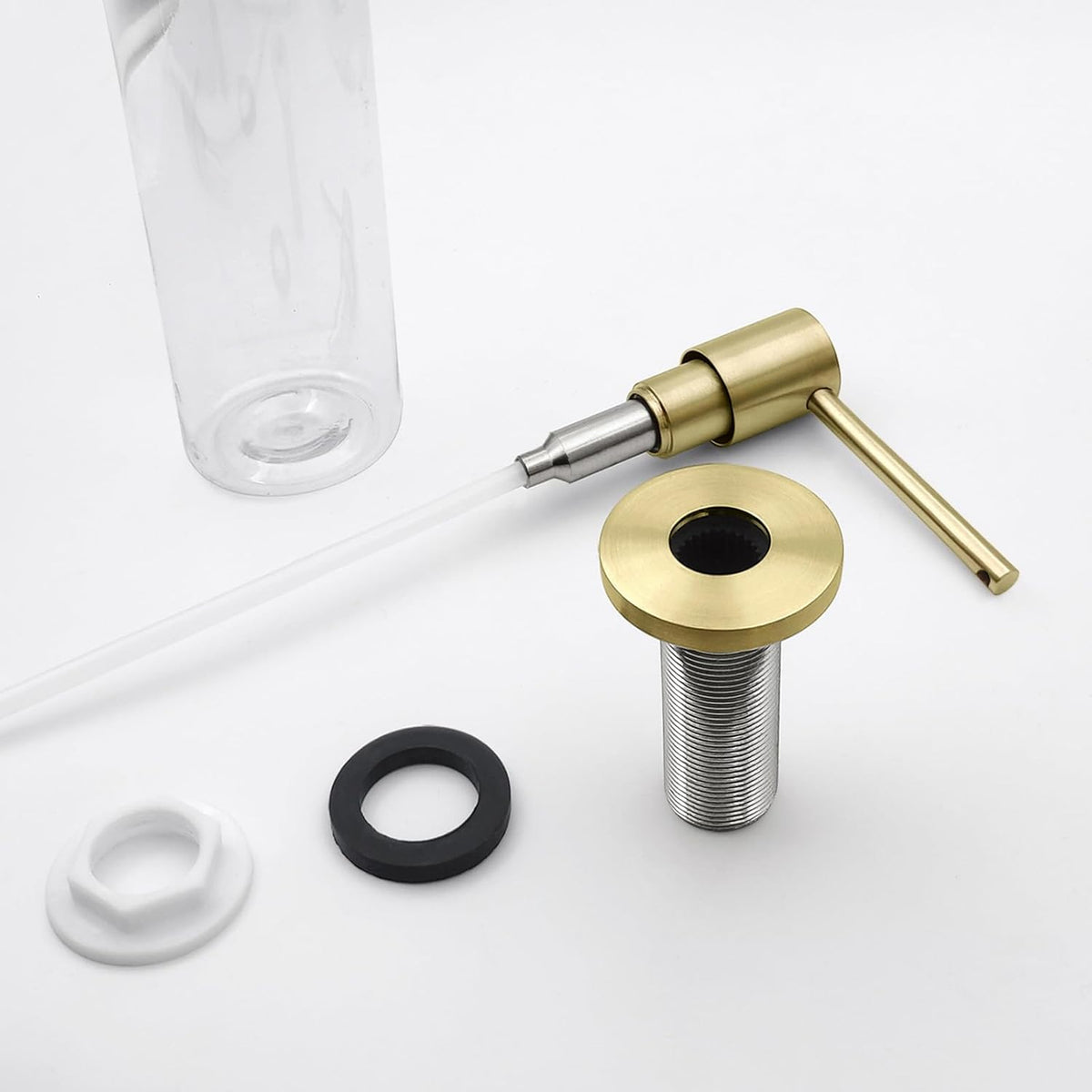 Brushed Gold All Brass Sink Soap Dispenser for Kitchen Sink Deck Mounted with 17 OZ Above The Sink Refillable PET Bottle Brass Pump Head in Counter Dish Soap Dispenser