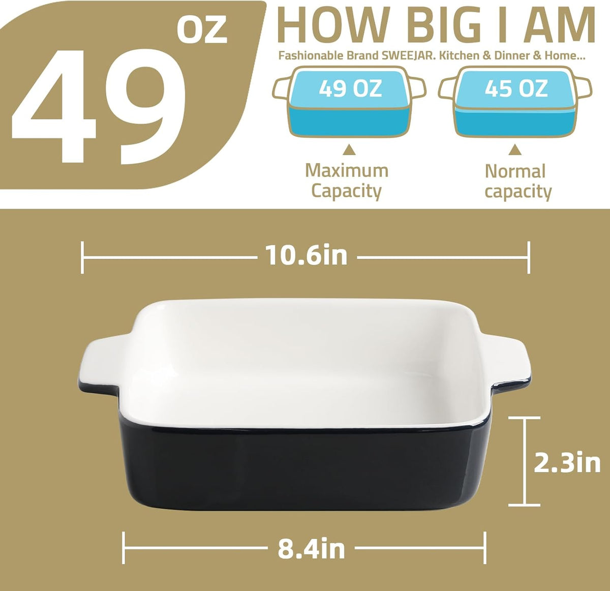 Sweejar Ceramic Baking Dish, 8 x 8 Cake Baking Pan for Brownie, Porcelain Square Bakeware with Double Handle for Casserole, Lasagna, Family Dinner (Navy)