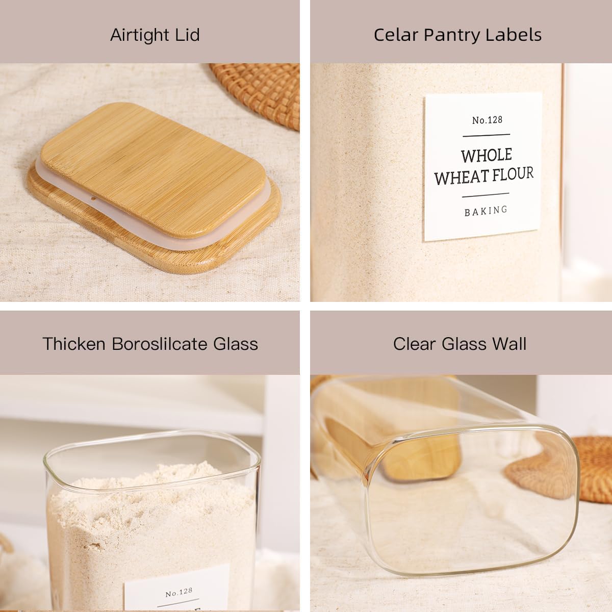 3 Pack Square Glass Pantry Storage Containers with 132 Kitchen Food Pantry Labels - 51 floz Clear Glass Pantry Jars with Airtight Wood Bamboo Lids - Glass Canisters for Candy, Cereal, Coffee, Spice