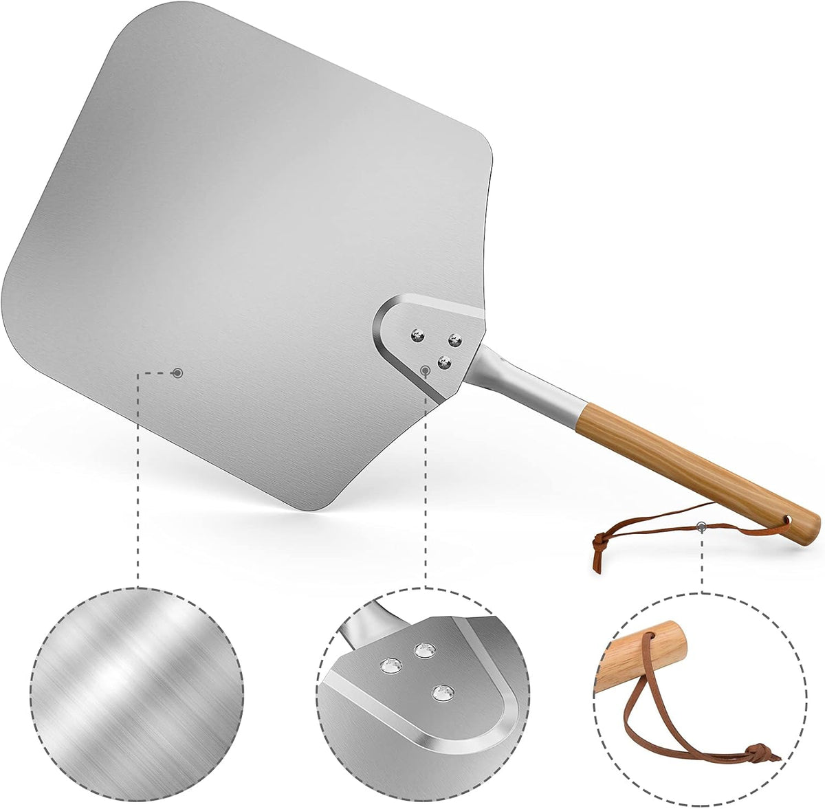 only fire 28" Long Metal Pizza Peel with Wooden Handle for Indoor & Outdoor Grill Oven, 13.5 x 16 inch Pizza Baking Spatula Paddle for Baking Bread Pie