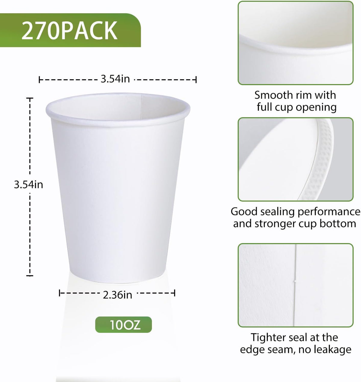 LITOPAK 270 Pack 10 oz Disposable Paper Coffee Cup, Drinking Cups for Water, White Paper Hot Coffee Cups, Suitable for Party, Picnic, Travel, and Events