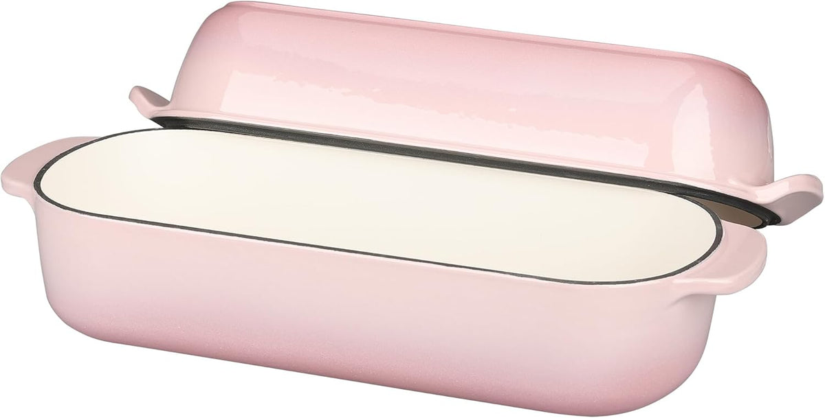Enameled Cast Iron Loaf Pan with Lid, Dutch Oven for Homemade Bread Baking, 12.5x5.5 inch, 5Qt, Pink