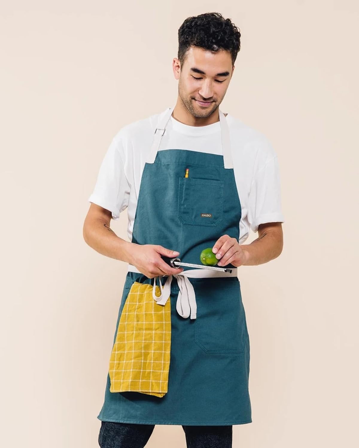 Caldo Daily Cotton Kitchen Apron for Cooking- Mens and Womens Professional Chef or Server Bib Apron - Adjustable Straps with Pockets and Towel Loop (Spruce)
