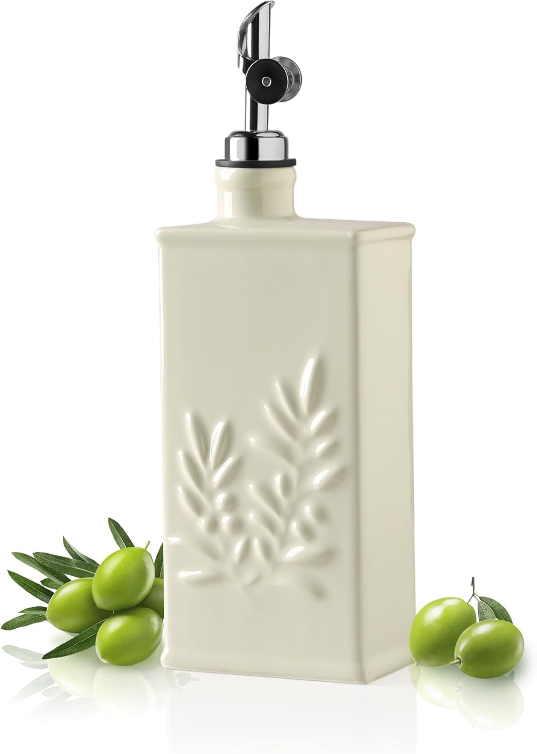 Sweejar Ceramic Olive Oil Dispenser Bottle for Kitchen, 17 Oz Relief Opaque Oil and Vinegar Dispenser Bottle with Spout, Suitable for Soy Sauce, Coffee Syrup, Liquids (Beige)
